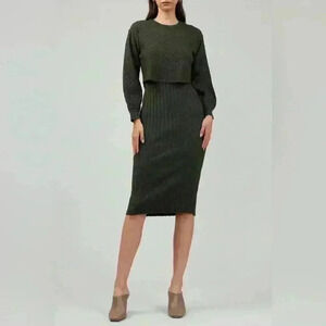 Round neck wide ribbed 2 in 1 sweater dress in dark moss green multiple sizes